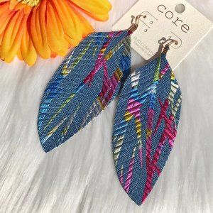 Boho Leather Denim Drop Feather Earrings Fringe
